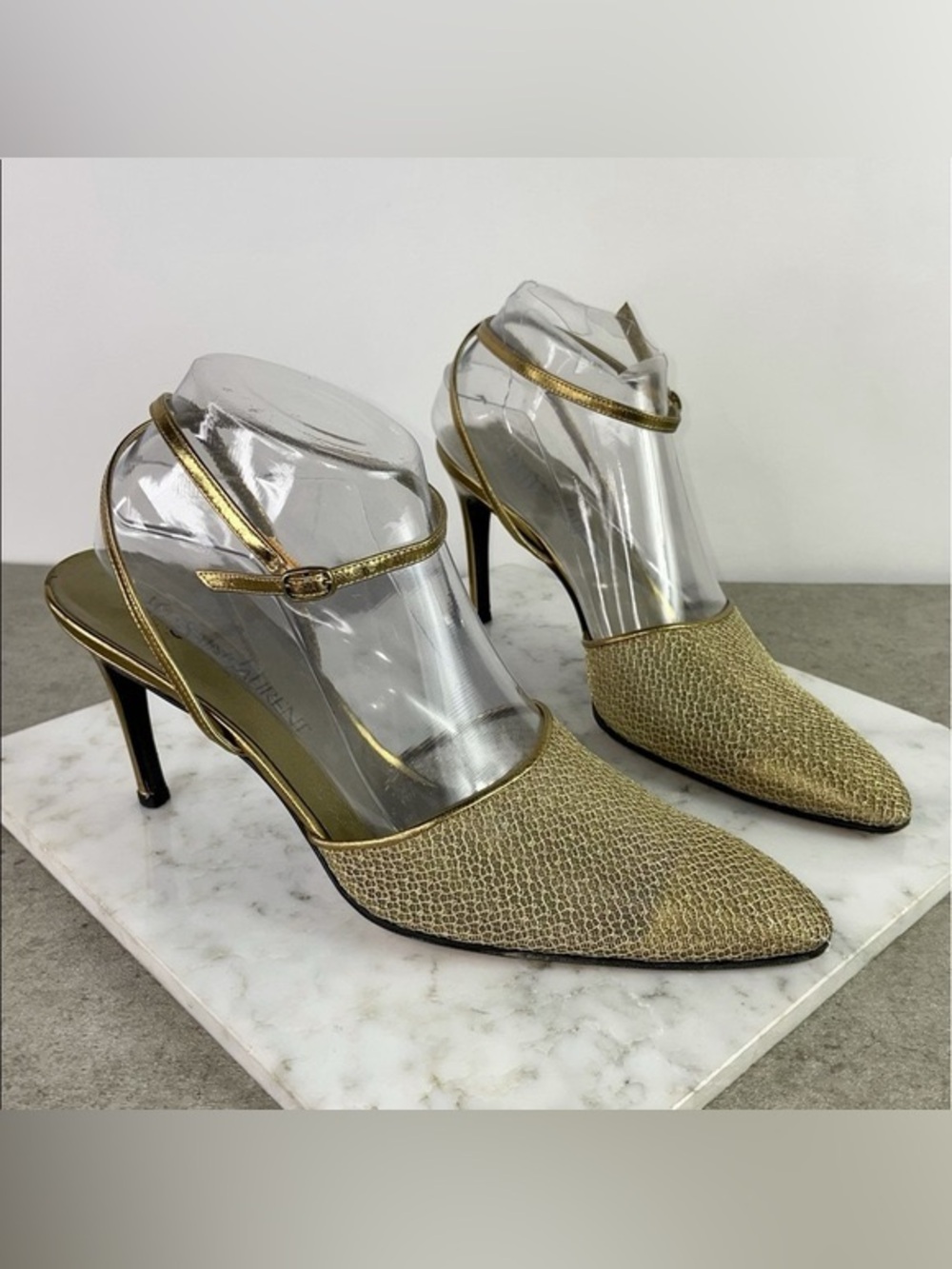 Vintage 1980 Yves Saint Laurent Gold Mesh Slingback Pointed Toe Heels USA Size 8